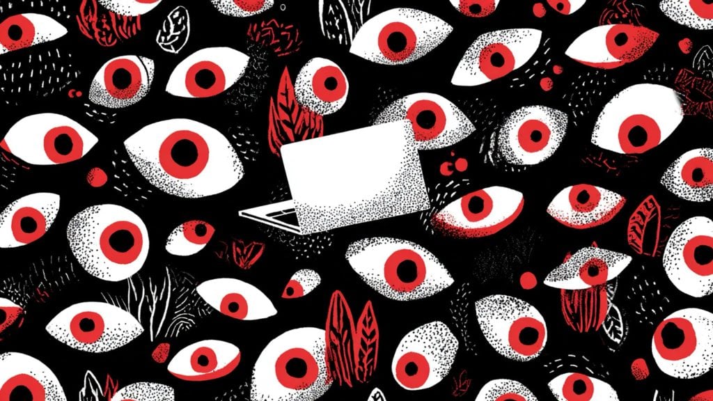 Pattern of red-and-white stylized eyes on a black background surrounding a white laptop