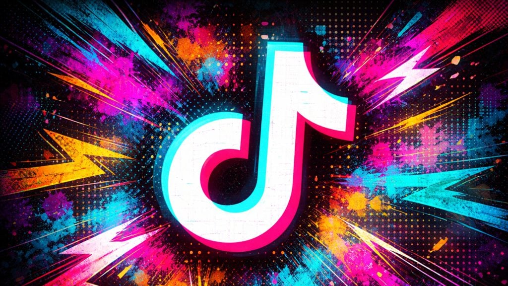 White TikTok note with cyan and pink trim centered on a dark background with neon paint splashes and lightning streaks.