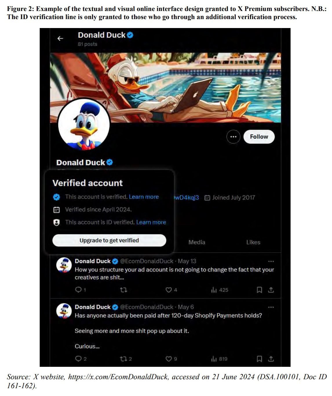 "The Commission fined X €45 million because its practices might lead users to believe that 1) this fictional duck had come to life, and 2) was a real X user," - House Committee on the Judiciary