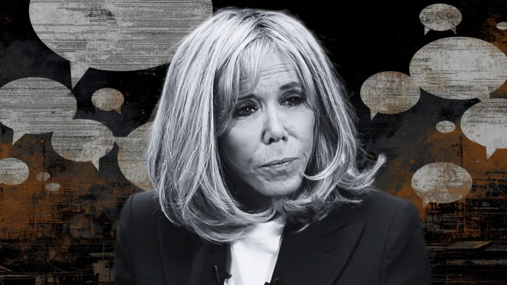 Grayscale portrait of Macron with light shoulder-length hair before a dark, grungy field of speech bubbles.