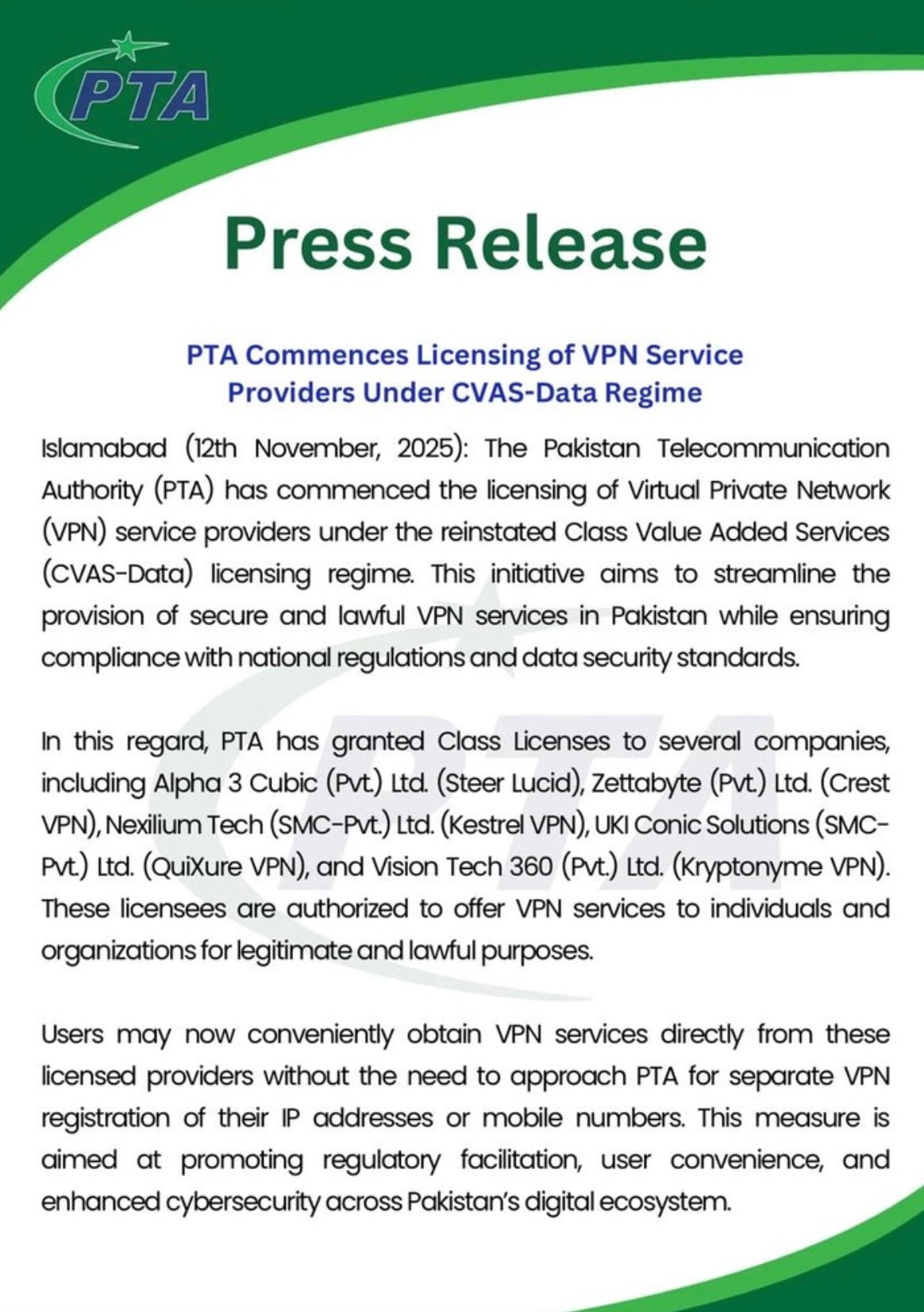 Press release from Pakistan Telecommunication Authority announcing licensing of VPN service providers under CVAS-Data regime.