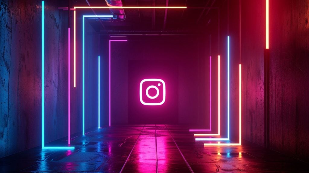 Neon-lit tunnel with a glowing pink Instagram logo centered, framed by blue, pink, and orange vertical neon bars reflecting on a wet floor.