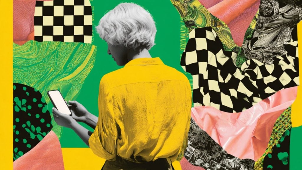 Person with short white-blond hair in a yellow shirt seen from behind holding a smartphone against a vibrant collage of checkerboard and fabric patterns.