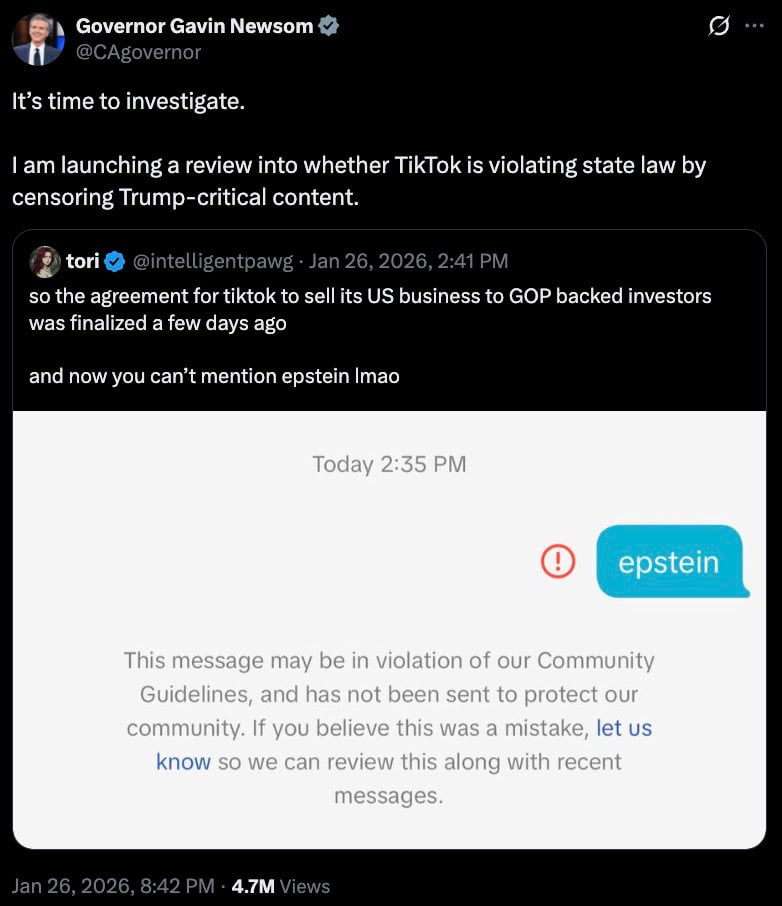 Verified tweet opening a probe into TikTok censorship, with inset showing epstein flagged by a Community Guidelines notice.