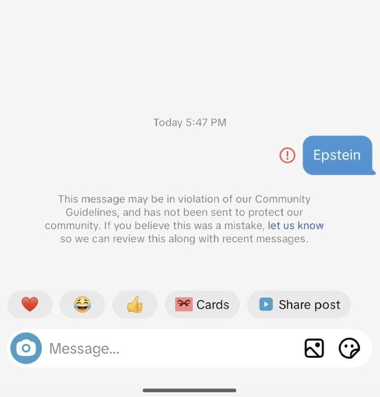 Blocked message in a messaging app: a blue bubble reading 'Epstein' flagged by a red warning and a community guidelines notice.