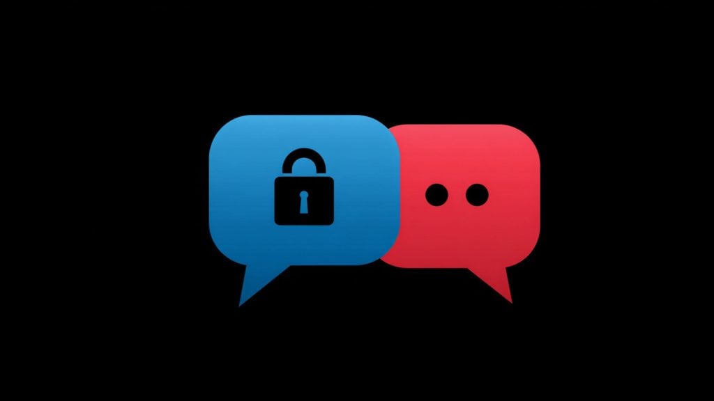 Two overlapping speech bubbles on a black background: a blue bubble with a black padlock icon and a red bubble with two black dots.