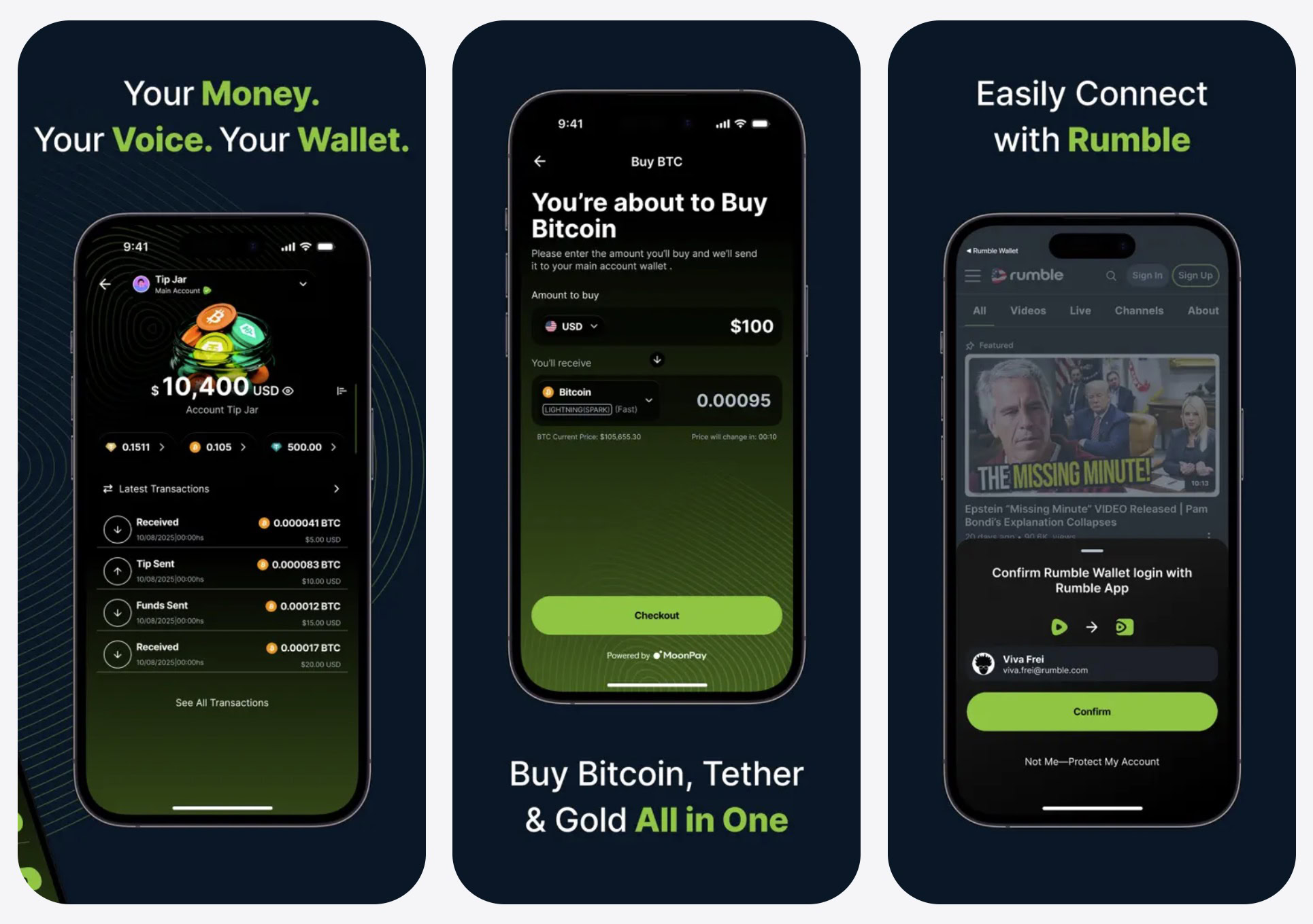 Three smartphone screens of a dark green crypto wallet app showing balance and transactions, a Buy Bitcoin checkout, and Rumble login confirmation.