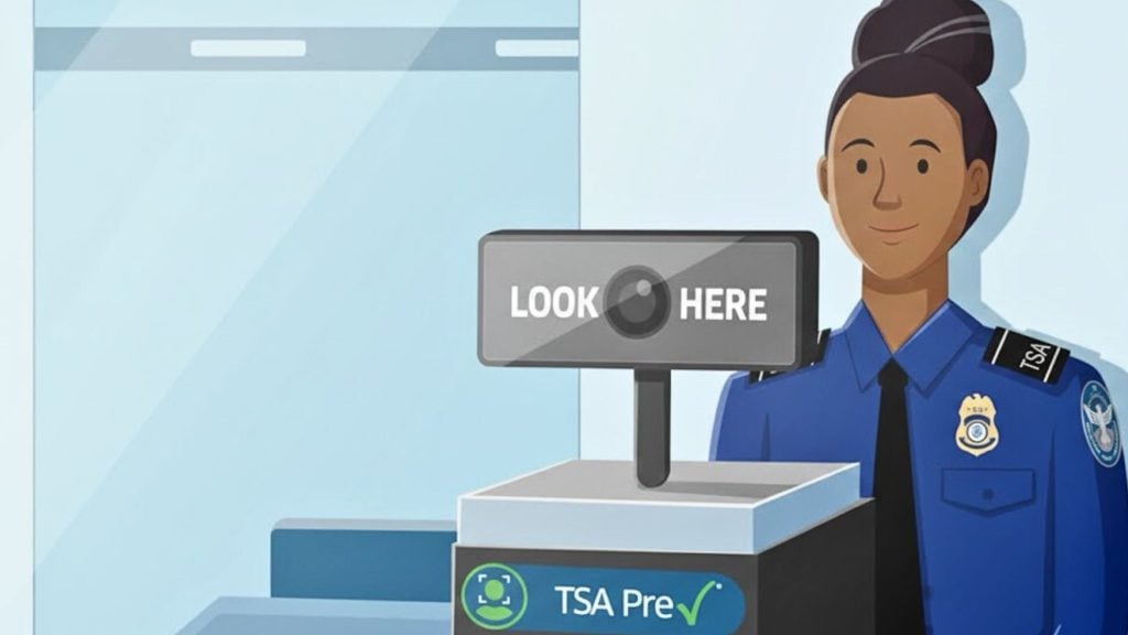 Airport security officer beside a facial-scanning kiosk reading LOOK HERE with a visible TSA Pre✓ logo