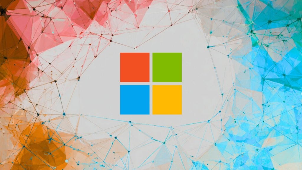 Centered Microsoft four-square logo on an abstract polygonal network background with orange-red left and blue-cyan right.
