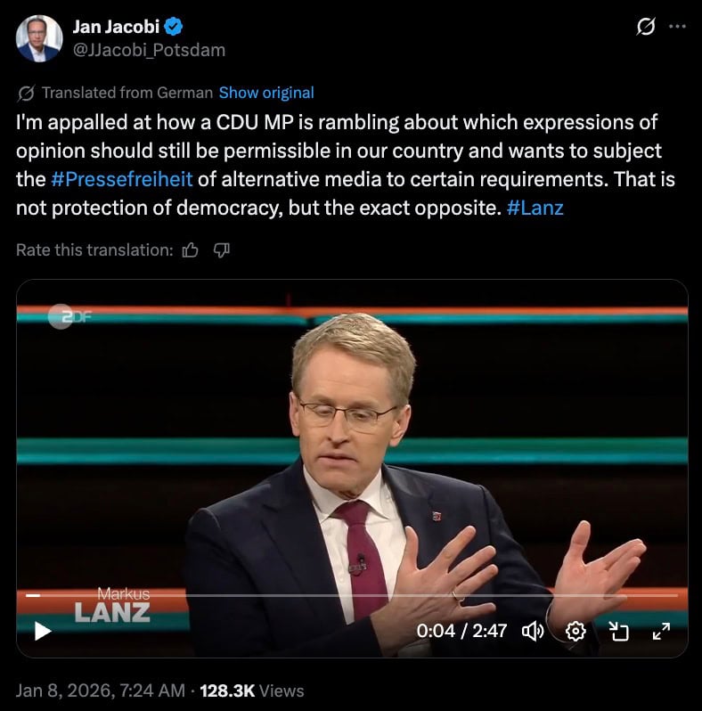 Social media screenshot criticizing a CDU MP's call to restrict press freedom, with a thumbnail of a suited man gesturing.