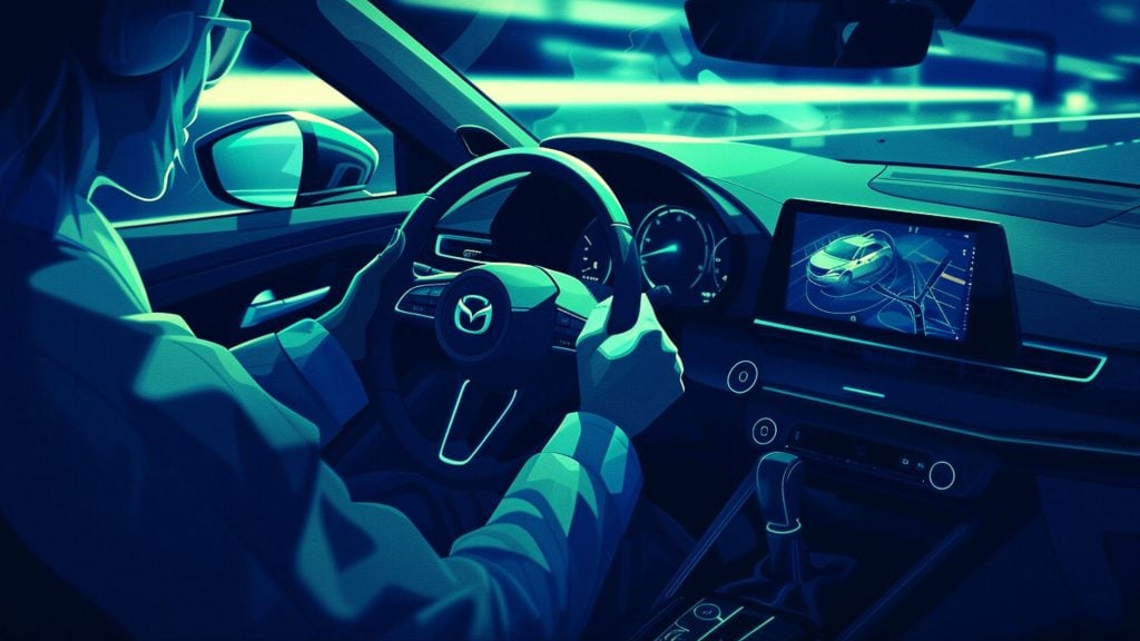 Stylized teal-lit car interior with driver hands on a Mazda steering wheel and a navigation screen showing a 3D car