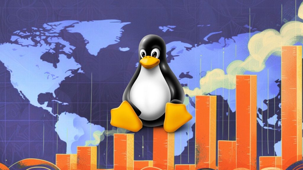 Linux logo over a blue world map and orange rising bar-chart columns.
