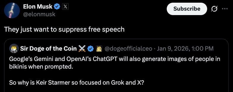 Screenshot of an X post about AI making bikini images, showing Starmer on a beach and an AI-made image of him in a red bikini