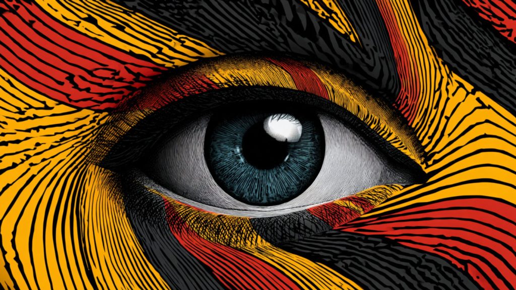 Stylized close-up blue eye with detailed iris framed by bold red, yellow and black woodcut-style stripes.