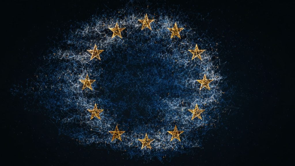 European Union motif of twelve golden stars forming a circle amidst a blue, web-like digital network on a dark background