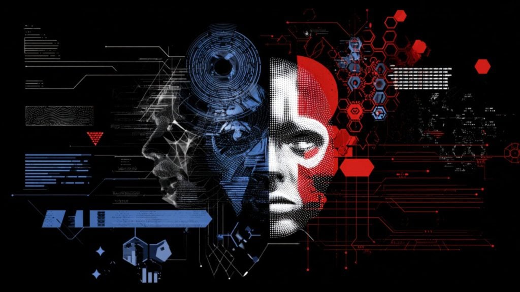 Stylized split human face of blue circuitry left and red hexagonal patterns right on a black digital background.