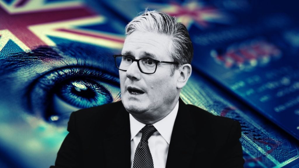Starmer with glasses in suit speaking, superimposed over a close-up eye, Union Jack pattern and blue passport imagery.
