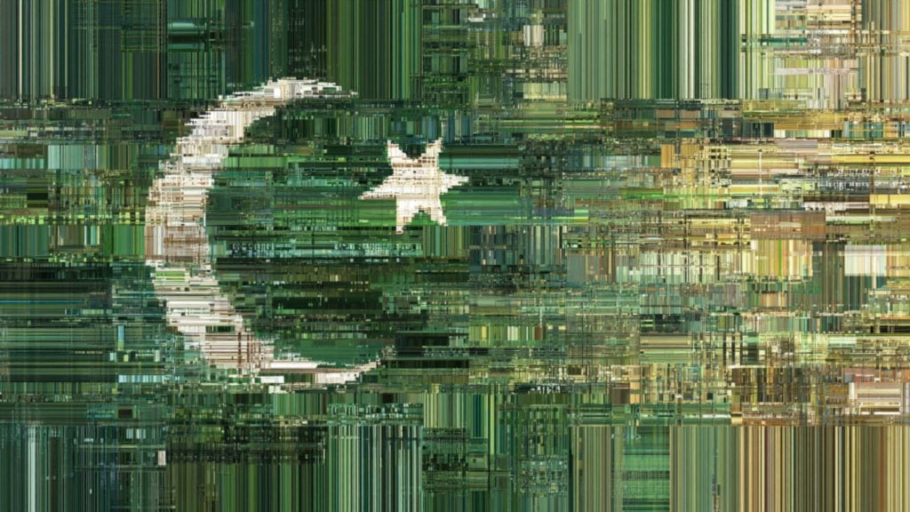 Abstract digital mosaic of a white crescent and star on green, formed from glitchy horizontal and vertical bars