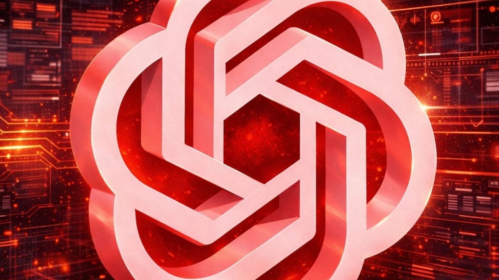 Interlocking pink-and-red 3D geometric logo over a glowing red circuit-board background with sparks
