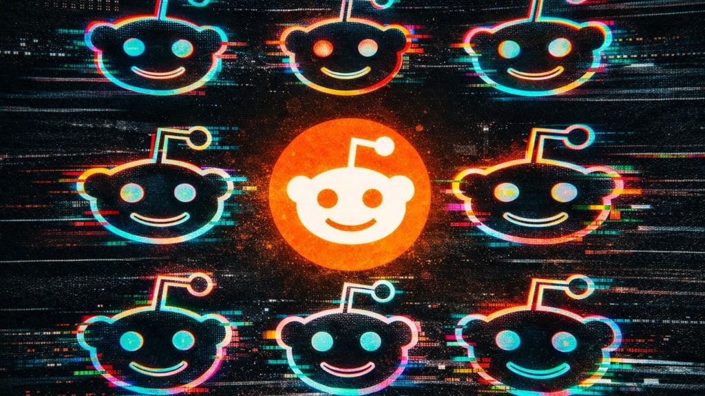 Rows of glitchy neon Reddit alien icons on a dark textured background with a glowing orange central icon