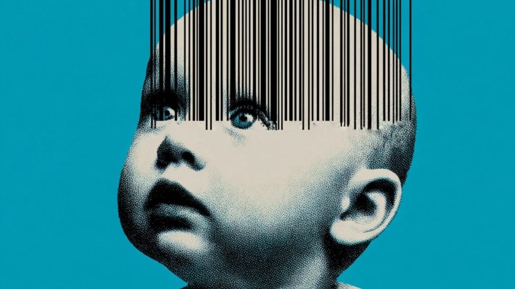 Baby's face in halftone on a teal background with barcode lines running down over the forehead and eyes.