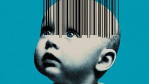 Baby's face in halftone on a teal background with barcode lines running down over the forehead and eyes.