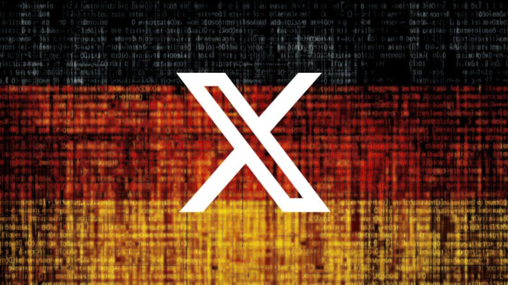 White stylized X logo centered over a digital German flag made of scrolling code in black, red, and gold.