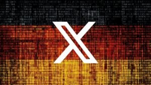 White stylized X logo centered over a digital German flag made of scrolling code in black, red, and gold.