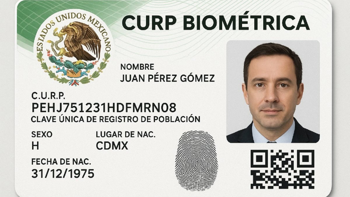 Mexican CURP ID, name Juan Pérez Gómez, photo of man, fingerprint, QR, CURP code and DOB 31/12/1975, CDMX.
