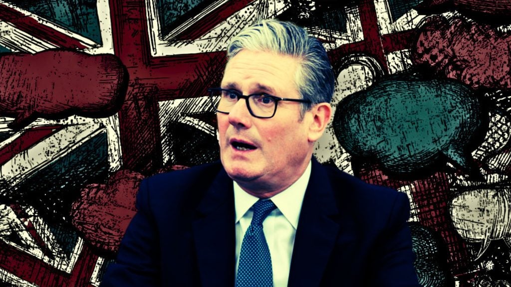Starmer with a surprised expression in front of a stylized Union Jack background filled with comic speech bubbles