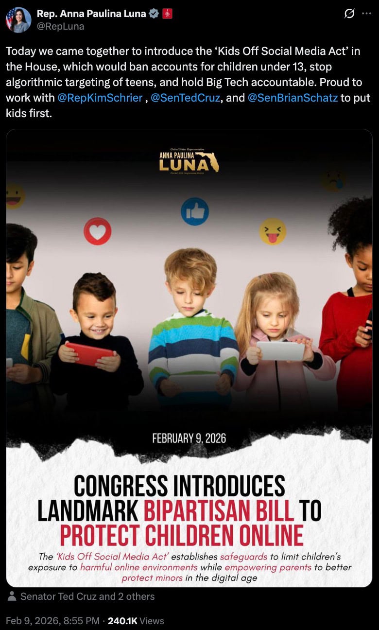Kids using phones and tablets beneath a headline about a bipartisan bill to protect children online, with reaction emojis