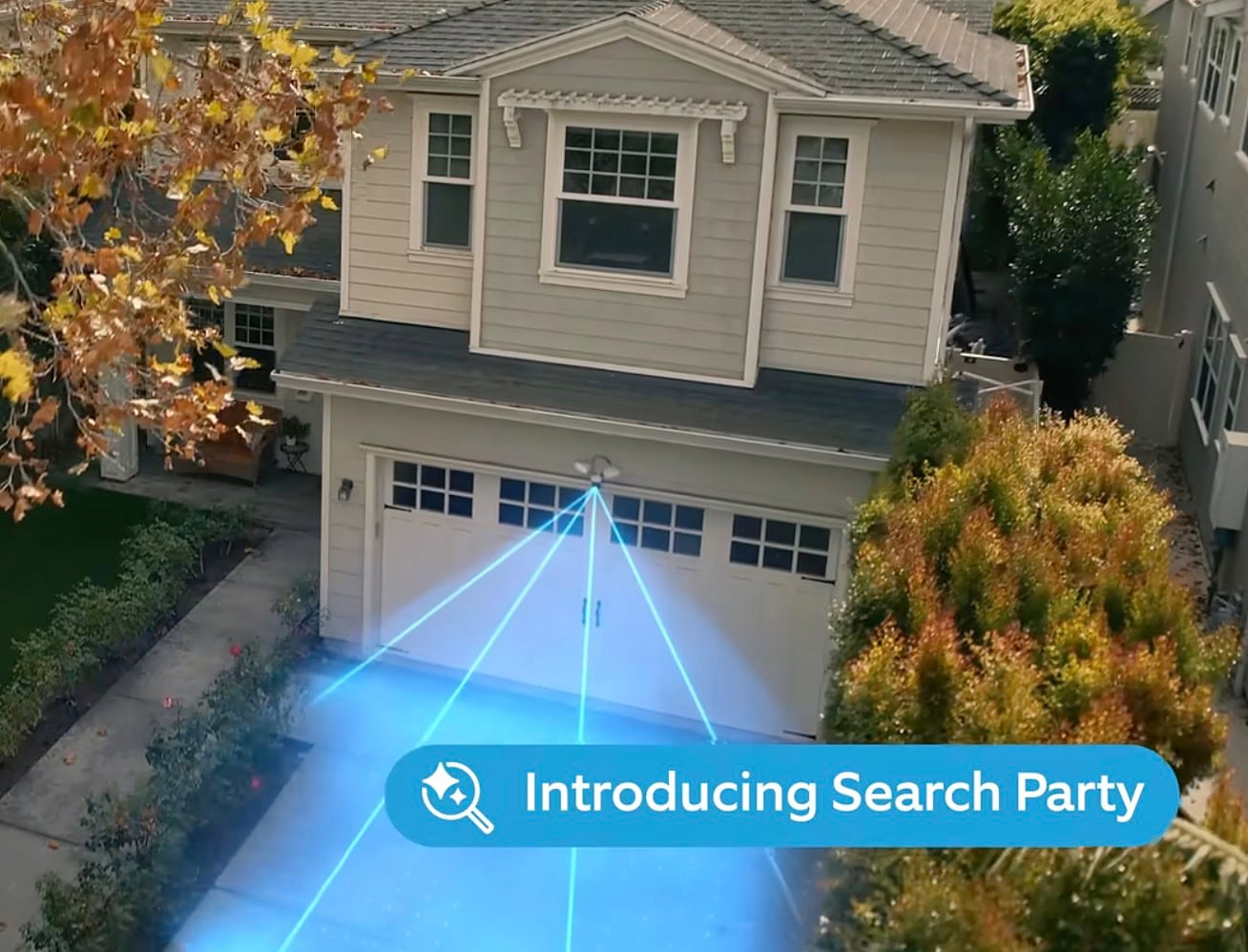 Two-story beige house with garage; blue scanning beams emit from a device above the garage door, with overlay text "Introducing Search Party"