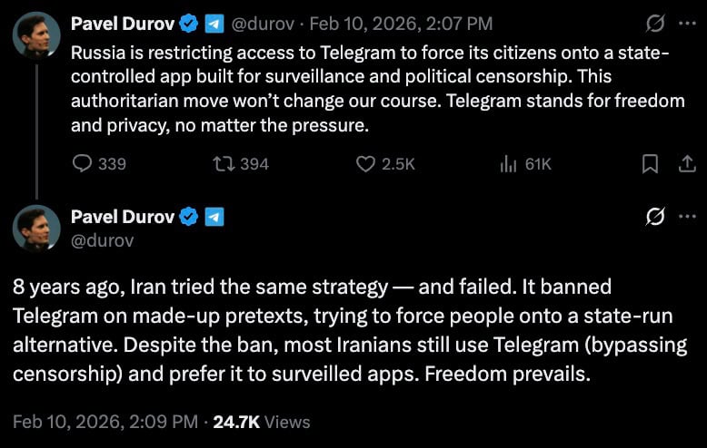 Two tweets from Pavel Durov saying Russia is restricting Telegram to push a state app and that Iran's ban failed.