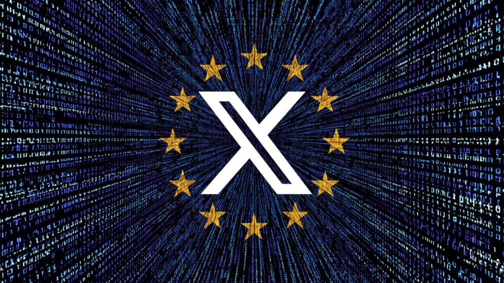 White X logo centered inside a ring of twelve yellow European Union stars over a radial field of blue binary code