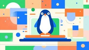 Stylized blue-and-white penguin with orange beak standing centered on a laptop-like green screen against a colorful geometric background.