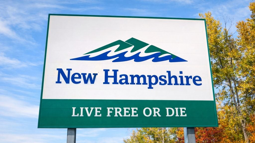 Welcome sign reading New Hampshire with mountain and wave logo and motto LIVE FREE OR DIE against blue sky