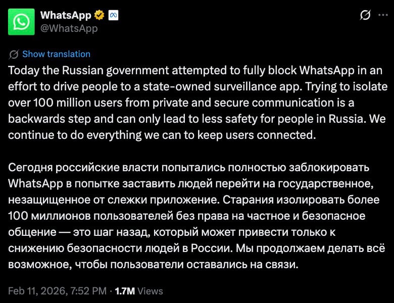 WhatsApp tweet condemning Russia's attempt to block the app to force users onto a state surveillance platform.