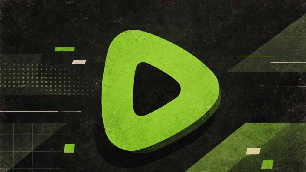 Large green rounded Rumble play symbol centered on a dark textured background with geometric green accents