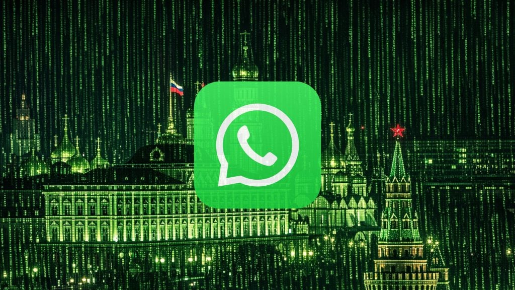 WhatsApp logo centered over a green "Matrix" digital rain effect on a lit Kremlin skyline with a Russian flag