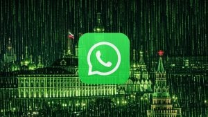 WhatsApp logo centered over a green "Matrix" digital rain effect on a lit Kremlin skyline with a Russian flag
