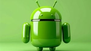 Glossy green Android robot mascot with rounded body, antennae and stubby arms on a light green background