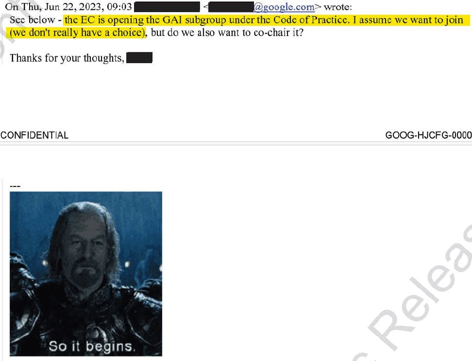 Email screenshot highlighting EC opening a GAI subgroup under the Code of Practice, with a small meme captioned So it begins.