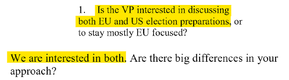 Scanned document snippet showing a highlighted question about whether the VP will discuss both EU and US election preparations and a highlighted reply, "We are interested in both."