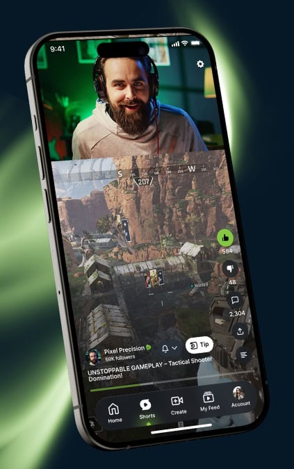 Phone screen showing a bearded streamer with headset over tactical shooter gameplay and social reaction icons.