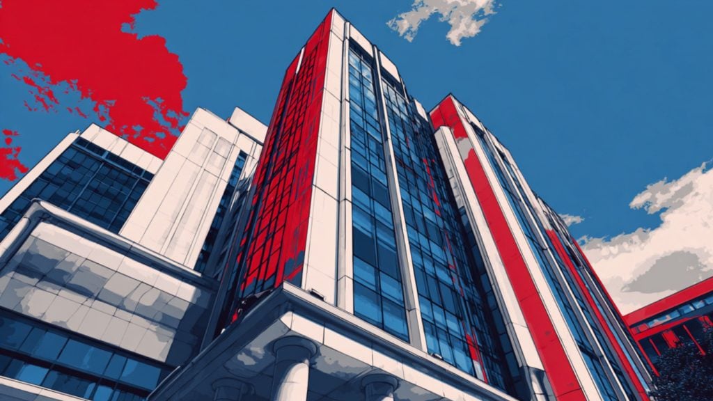 Tall modern high-rise with blue glass and bold red vertical panels, viewed from low angle against a clear blue sky.