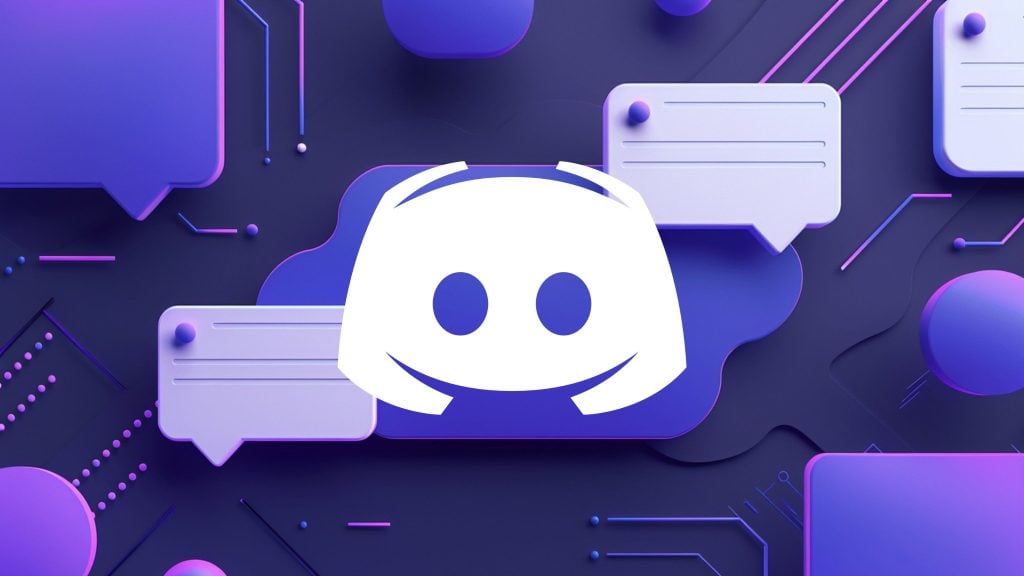 White Discord logo centered on layered purple and blue 3D chat-bubble background with neon accents.
