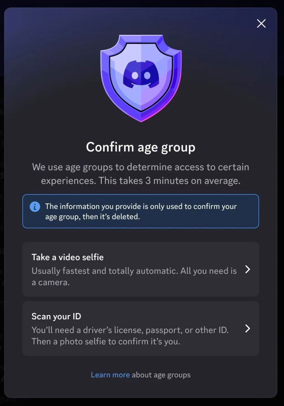 A dark modal titled Confirm age group with a purple shield Discord icon and options to take a video selfie or scan your ID.