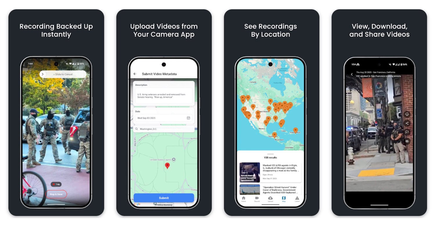 Four phone screens of an app: live video of uniformed officers, upload form with map pin, map with orange location markers, and a recorded street video.