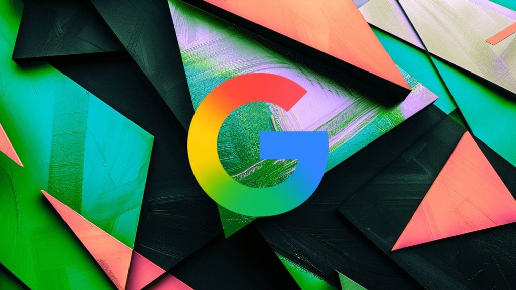 Colorful Google "G" logo centered over layered teal, green, pink and black abstract geometric shapes