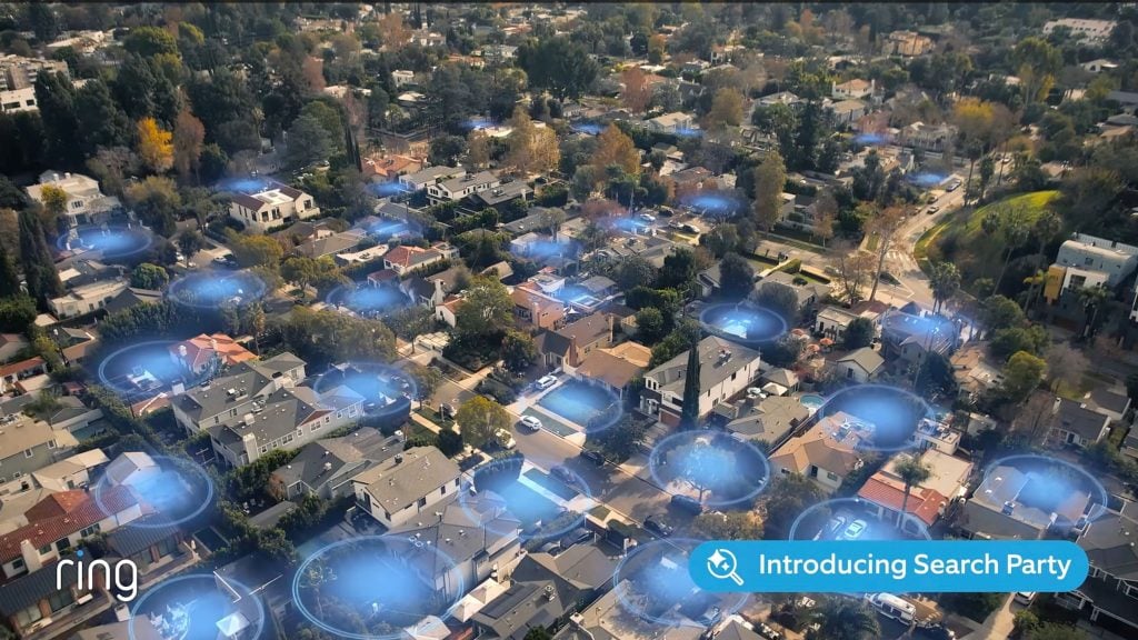 Aerial view of a suburb with blue glowing circles over houses and a banner Introducing Search Party.